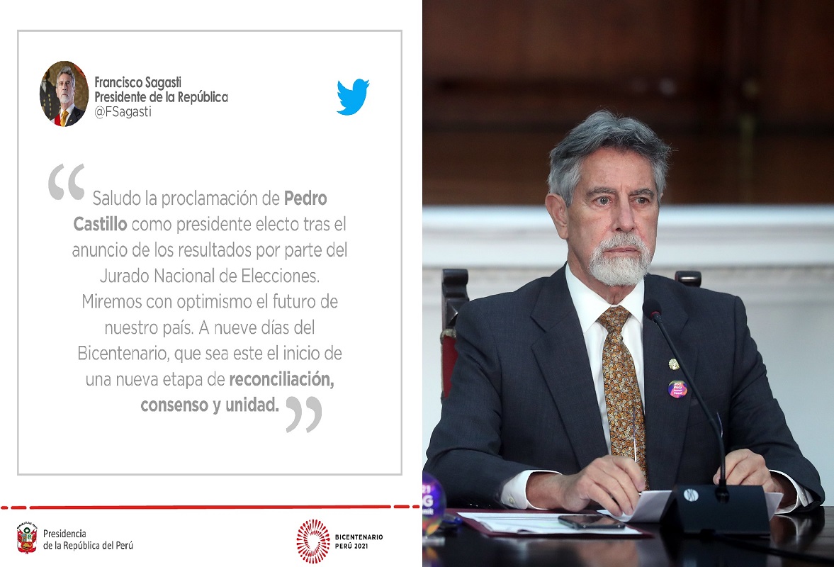 Francisco Sagasti, saludó la proclamación de su sucesor Pedro Castillo en la presidencia del Perú por parte del JNE.