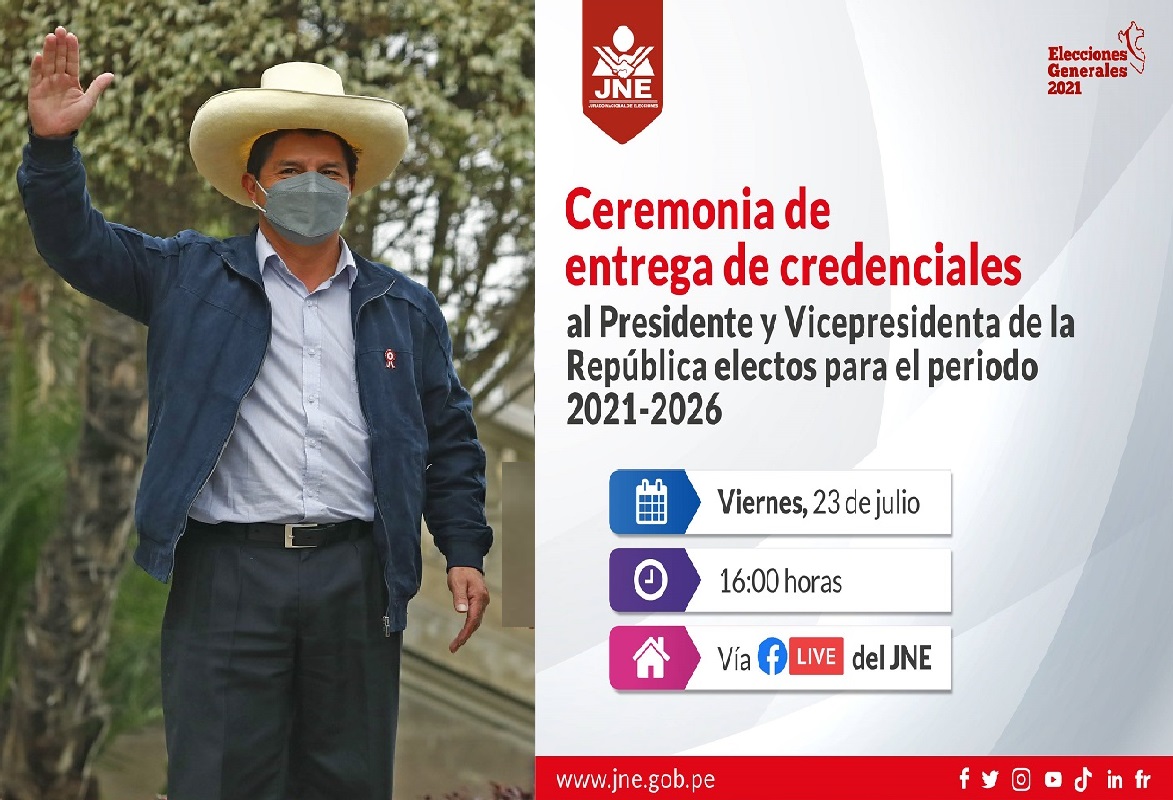 JNE entrega este viernes 23 la credencial de presidente de la república a José Pedro Castillo Terrones.