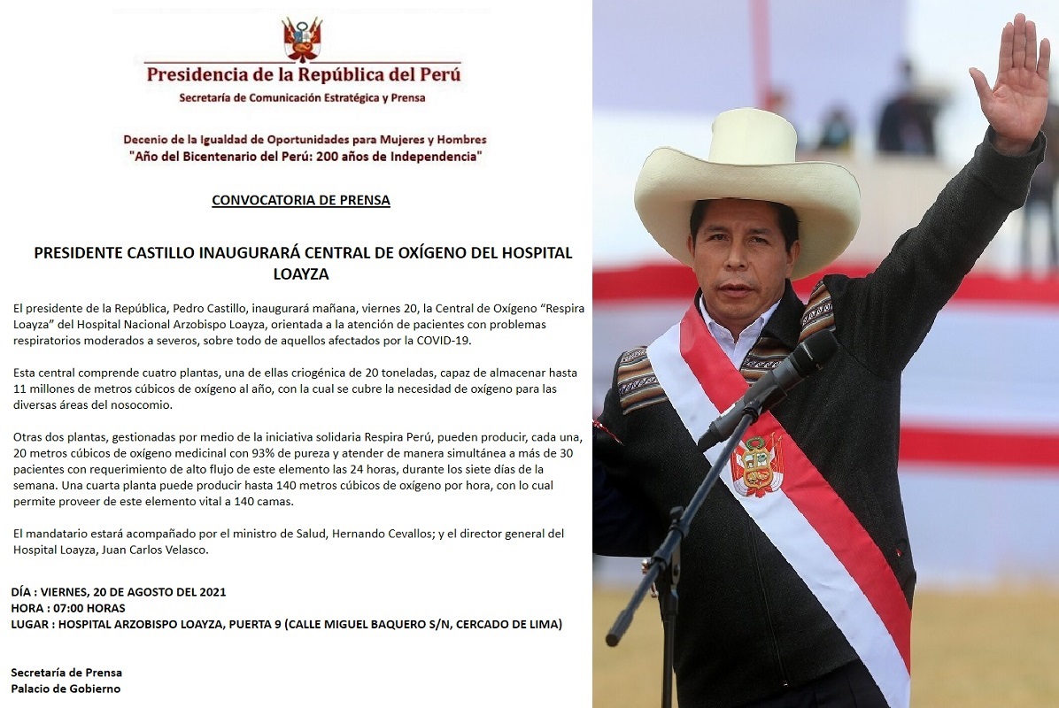 Jefe de Estado, Pedro Castillo Terrones, inaugurará mañana central de oxígeno del Hospital Loayza.