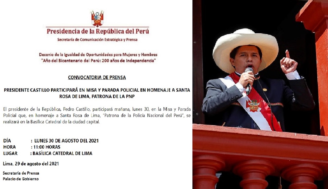 Jefe de Estado, Pedro Castillo Terrones, participará en misa y parada policial en homenaje a Santa Rosa de Lima, patrona de al PNP.
