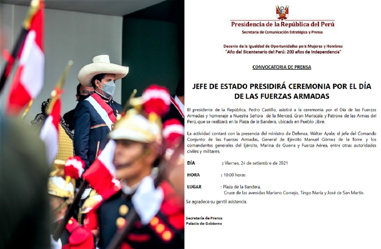 Jefe de Estado Pedro Castillo Terrones, presidirá ceremonia por el Día de las Fuerzas Armadas.