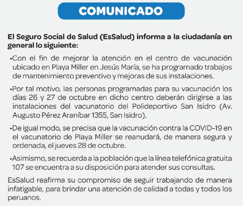 Personas programadas para su vacunación los días 26 y 27, en Playa Miller-Jesús María, deberán dirigirse a las instalaciones del vacunatorio del Polideportivo San Isidro-San Isidro.