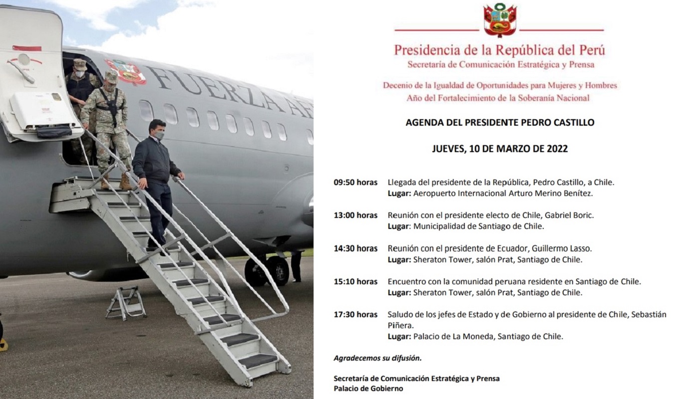 Agenda oficial del presidente Pedro Castillo Terrones en su visita a Chile el día hoy jueves 10 de marzo,de 2022.