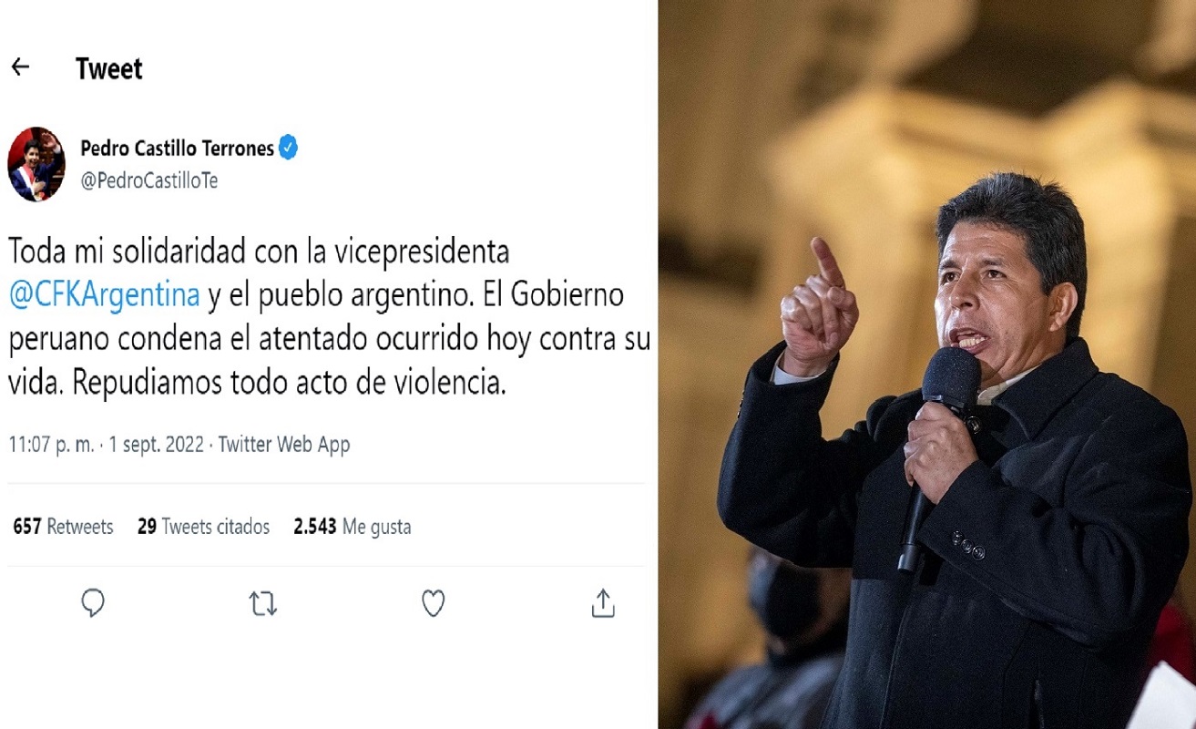 Presidente Pedro Castillo “Toda mi solidaridad con la vicepresidenta Cristina Fernández de Kirchner de Argentina y el pueblo argentino”.