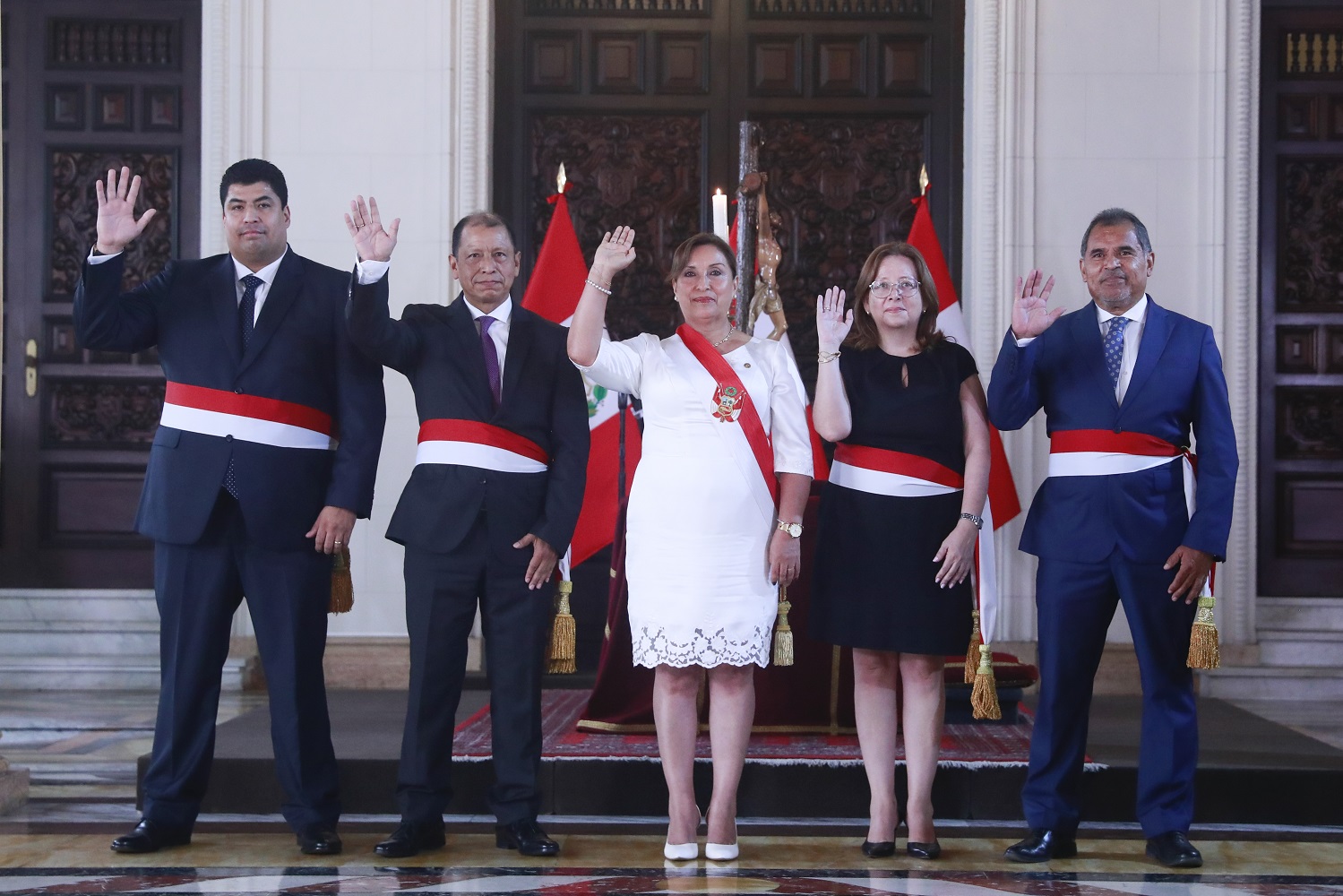 Magnet Márquez, Daniel Maurate, Antonio Varela y Juan Carlos Mathews juramentan como ministros de Educación, Justicia, MTPE y Mincetur, respectivamente.