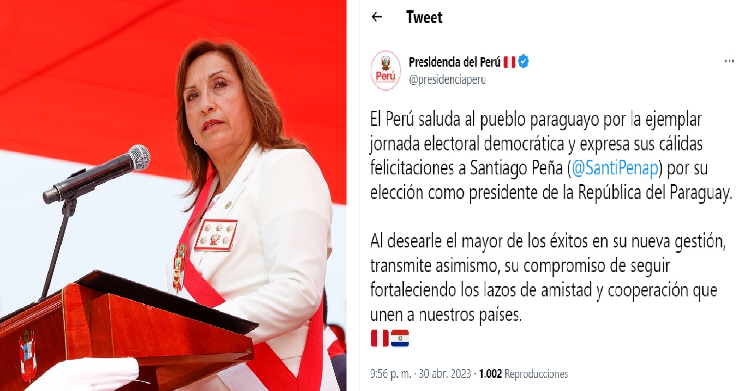 Gobierno del Perú destaca ejemplar jornada electoral en la elección de Santiago Peña, como presidente electo de Paraguay.