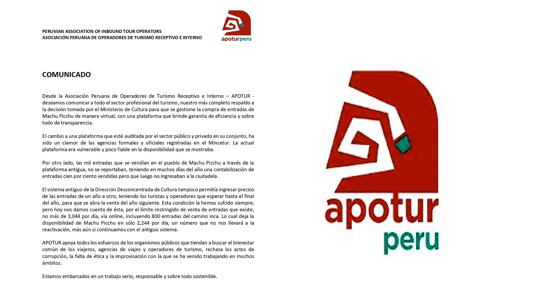Comunicado de Asociación Peruana de Operadores de Turismo Receptivo e Interno – APOTUR.