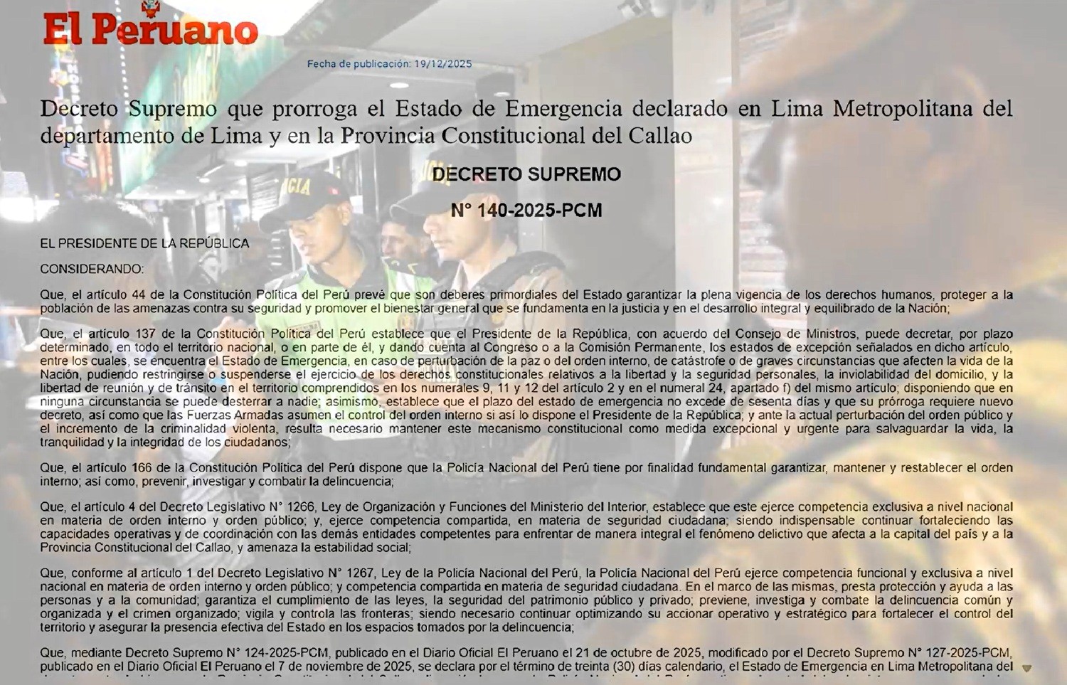 30 Días Más de Emergencia en Lima y Callao: "Gobierno refuerza seguridad y restringe derechos, mientras crimen organizado lo arrincona en plena fiestas de fin de año".