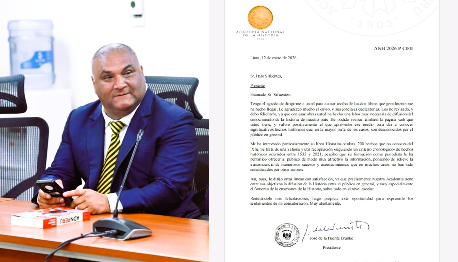 Academia Nacional de la Historia Valora Obras de Ítalo Sifuentes: "Reciben sus libros y destacan sus aportes históricos desconocidos de la historia del Perú".