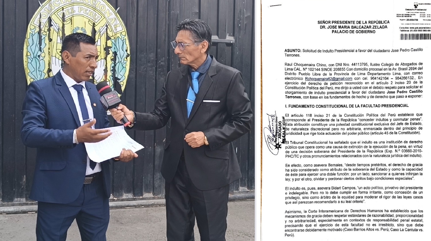 Abogado del Pueblo Raúl Choquenaira anuncia solicitud de indulto presidencial para expresidente Pedro Castillo; basa la medida en la Constitución Política.