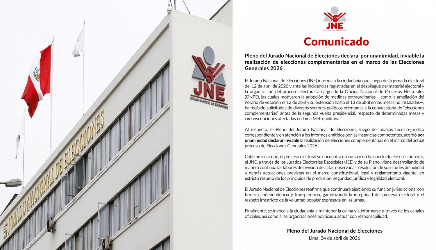 JNE Desestima Elecciones Complementarias: Unanimidad en la decisión que fija el rumbo electoral en el Perú.​​