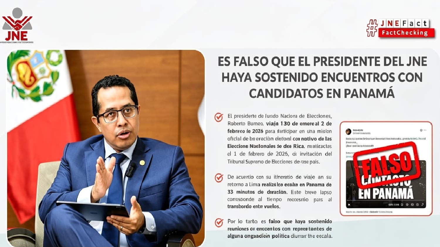 ¡Falso! JNE desmiente reunión clandestina de su presidente en Panamá y exhibe pruebas de transparencia cerrando el paso a la desinformación especulativa de la televisión peruana.