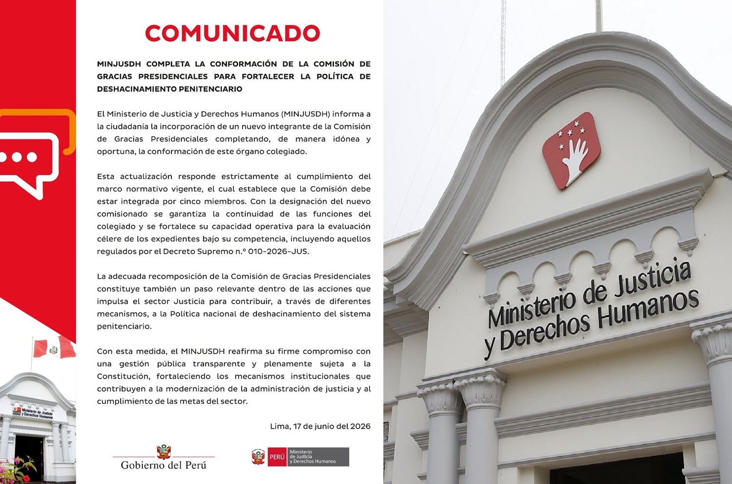 MINJUSDH completa la 'Comisión de Gracias Presidenciales' con nuevo integrante para avanzar en el deshacinamiento penitenciario según la normativa vigente.