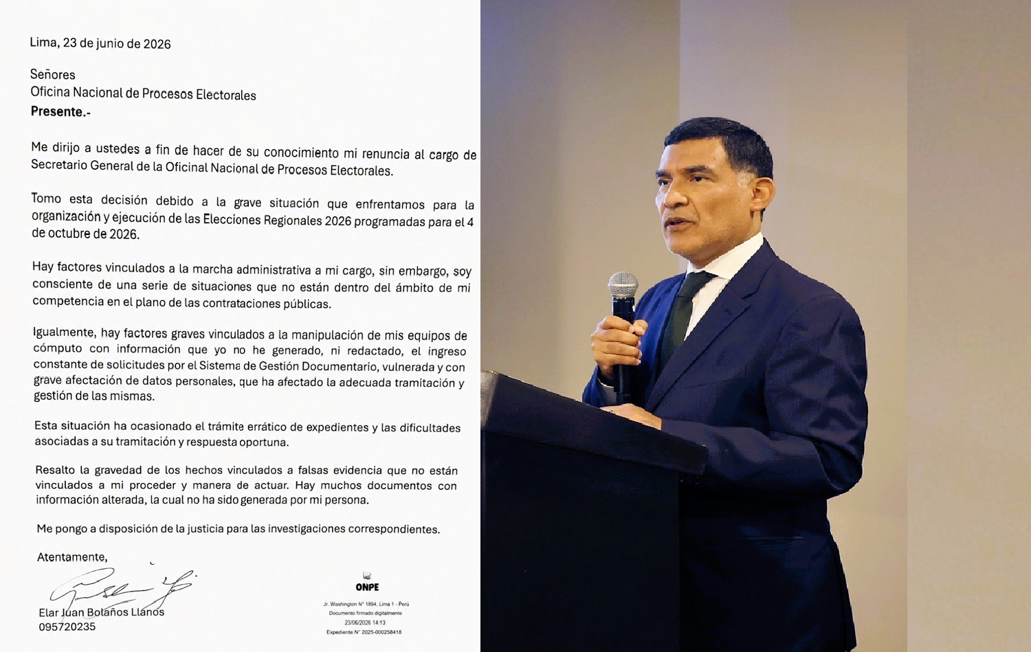 ¡Renuncia en la ONPE! "Su secretario general Elar Juan Bolaños Llanos denuncia manipulación de equipos y documentos falsos que sacuden la 'Oficina Nacional de Procesos Electorales' en el Perú".