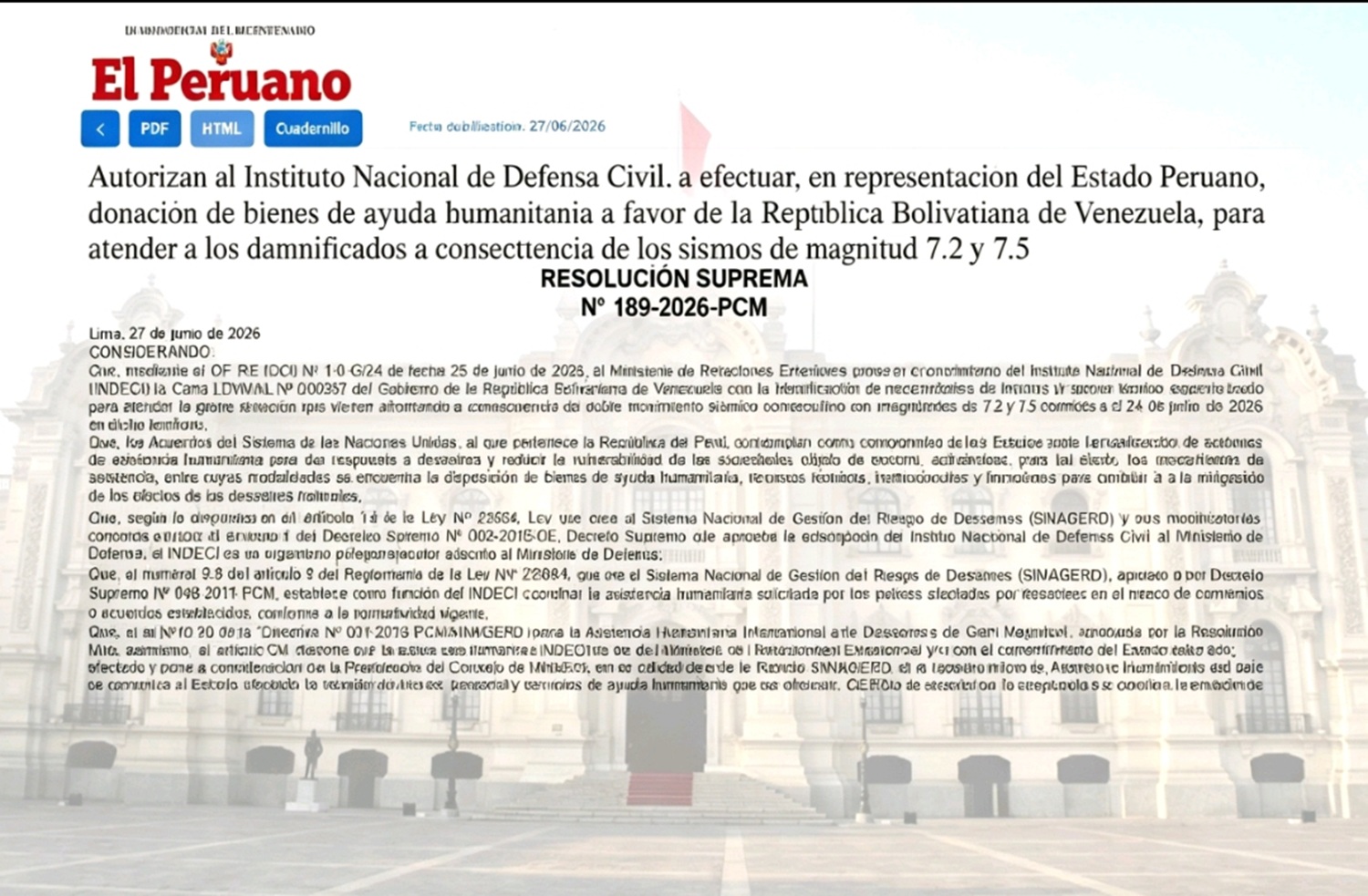Respaldo Oficial a Venezuela: Resolución Suprema N.º 189‑2026‑PCM autoriza más de 278 mil soles en ayuda humanitaria consistente en bienes para víctimas de doble sismo en el país caribeño.