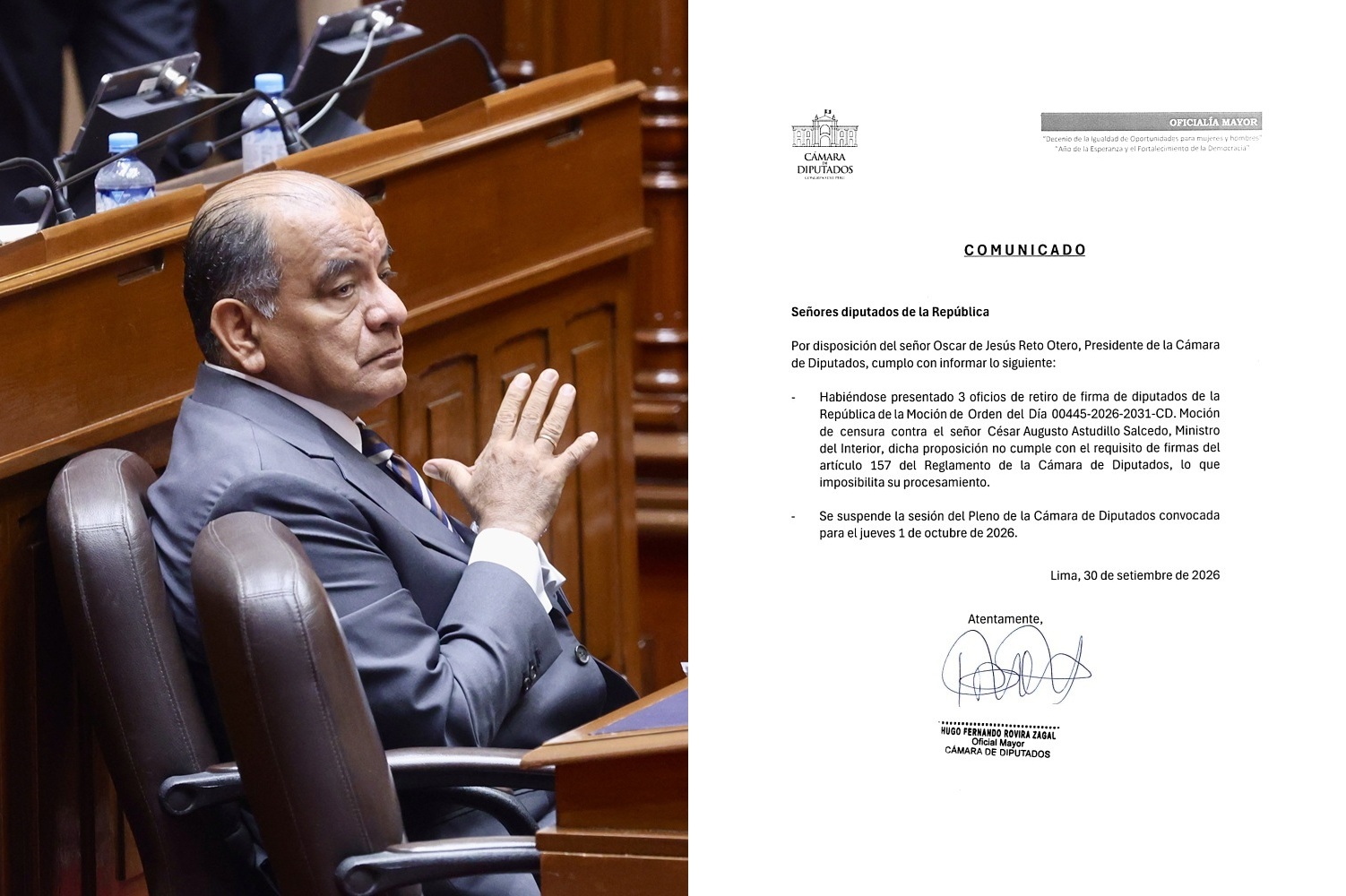 Tres firmas retiradas dejan sin respaldo la moción de censura en el Congreso contra el ministro César Astudillo Salcedo e impiden su trámite, suspendiendo la sesión del Pleno convocada para este jueves 1 de octubre de 2026.
