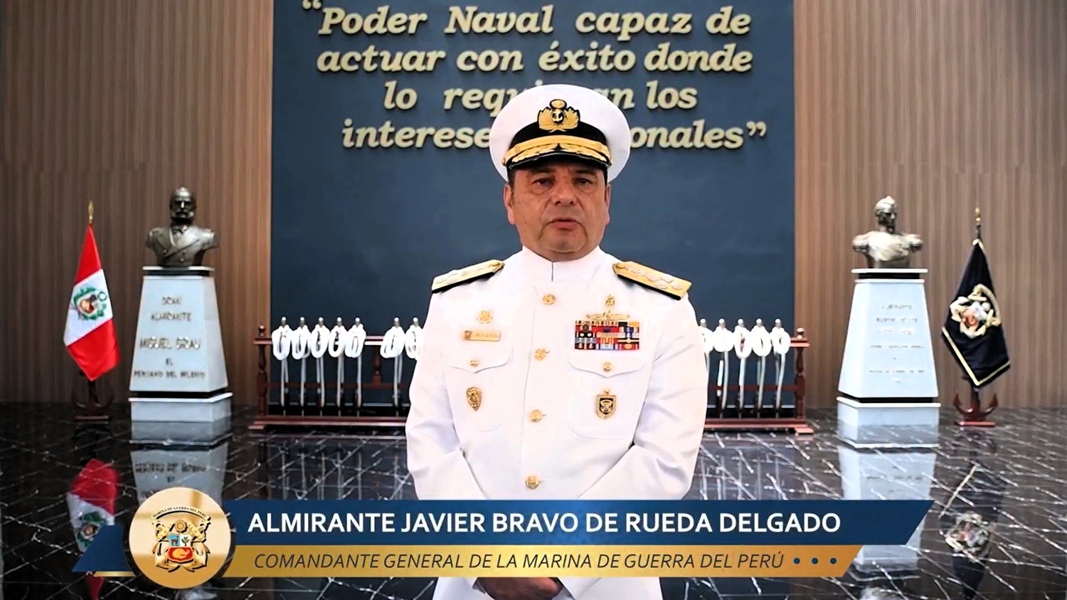 Comandante General de la Marina, Almirante Javier Bravo de Rueda Delgado: A doscientos cinco años de su creación y ciento cuarenta y siete del Combate de Angamos, la Marina de Guerra del Perú reafirma su compromiso a la patria.