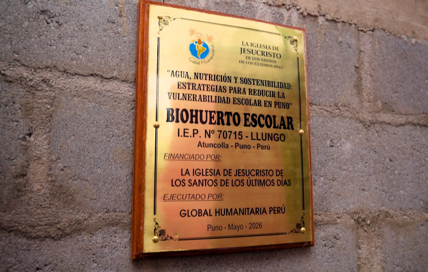 Global Humanitaria Perú y La Iglesia de Jesucristo entregan obras a favor de la niñez escolar de Puno, más de 1.300 estudiantes en dicha región cuentan ahora con agua segura y biohuertos en 25 centros educativos.